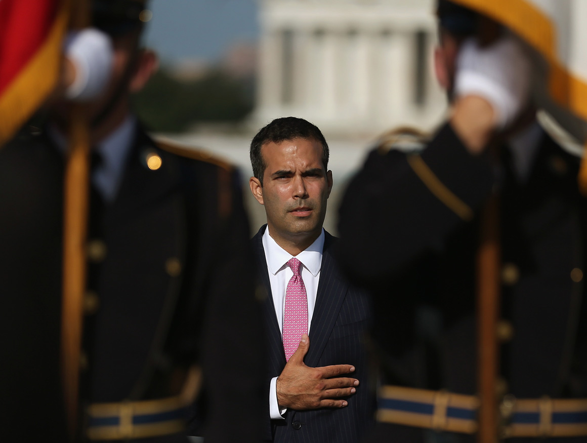 George P. Bush en una ceremonia de conmemoración en la Segunda Guerra Mundial Memorial en Washington, DC, el 2 de septiembre de 2014. | Getty Images Read more: http://www.politico.com/magazine/story/2014/11/jeb-bushs-greatest-weakness-112721.html#ixzz3J5GKYITt