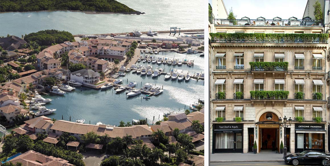 Izquierda: La Marina Casa de Campo en República Dominicana. Derecha: Exterior de Park Hyatt Paris-Vendôme. | Leading Hotels of the World y Hyatt