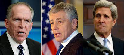 Obama y John Kerry, Chuck Hagel y Obama, Obama y Chuck Hagel, Chuck Hagel nuevo Secretario de Defensa, John Kerry nuevo Secretario de Estado, John Brennan nuevo Director de la CIA, Obama reestructura su gabinete, Obama y los nuevos miembros de su gabinete, Veteranos de las Guerras de Viet Nam al gabinete de Obama,