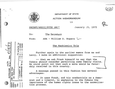 Departamento de Estado, Acción Memorando, "El viaje Mankiewicz," Secret / NODIS / ojos solamente, 20 de enero 1975