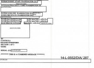 El informe de la DIA , anteriormente clasificados "SECRET // NOFORN" y del 12 de agosto de 2012, se distribuyó ampliamente entre los diversos organismos gubernamentales, incluidos CENTCOM, la CIA, el FBI, DHS, NGA, Departamento de Estado, y muchos otros. El documento muestra que ya en 2012, la inteligencia de Estados Unidos predijo el surgimiento del Estado Islámico en Irak y el Levante (ISIL o ISIS), pero en vez de delinear claramente el grupo como un enemigo, el informe prevé el grupo terrorista como estratégica de EE.UU. de activos.