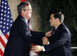 el Senador Marco Rubio, calificado como “el representante de una de las grandes traiciones políticas de nuestros tiempos…” al Comité Nacional del Partido Republicano (GOP) y sobre todo a Jeb Bush, su padrino, protector y mentor”, comentado públicamente en diferentes círculos del suprapoder oculto, entre poderosos contribuyentes de campañas, y en diferentes Monopolios Mediáticos nacionales,