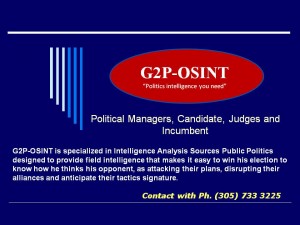 G2P-OSINT es una Firma especializada en Análisis de Inteligencia Política de Fuentes Publicas diseñada para proporcionarle inteligencia de campo que le facilita ganar su Elección al poder conocer cómo piensa su oponente, como atacar sus planes, perturbar sus alianzas y adelantarse a sus tácticas.